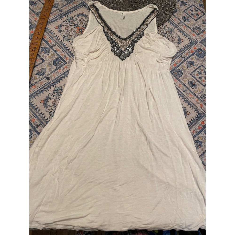 Studio Y Womens XL Cream Sequin Beaded V-Neck Empire Waist Sleeveless Tunic Top